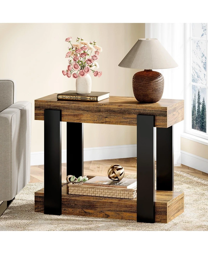Slickblue Farmhouse Side Table with Open Storage Shelf and Rustic Design