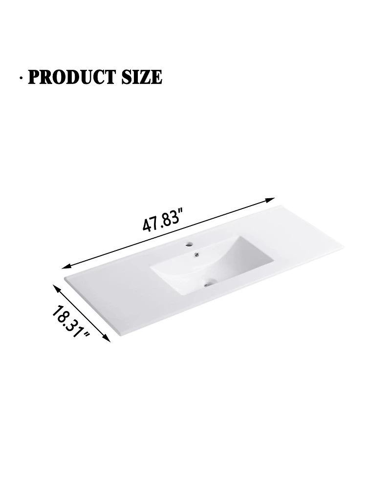 Sillysis 47.8 Inch Ceramic Bathroom Sink Top, Rectangular Vanity Basin, Smooth Easy-Clean Countertop for Single Vanity