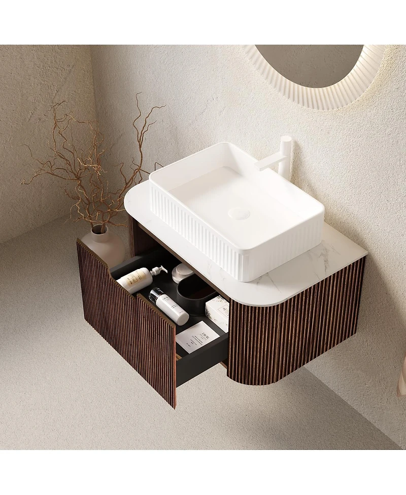 Sillysis Wall Mounted Bathroom Vanity with Ceramic Sink, Plywood Cabinet, Soft Close Drawer