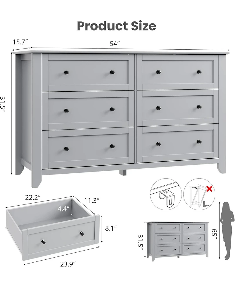 gaomon 6 Drawer Dresser For Bedroom, 54" Wide Large Dresser With Deep Drawers And Metal Knobs, Modern Wooden Chests Of Drawers