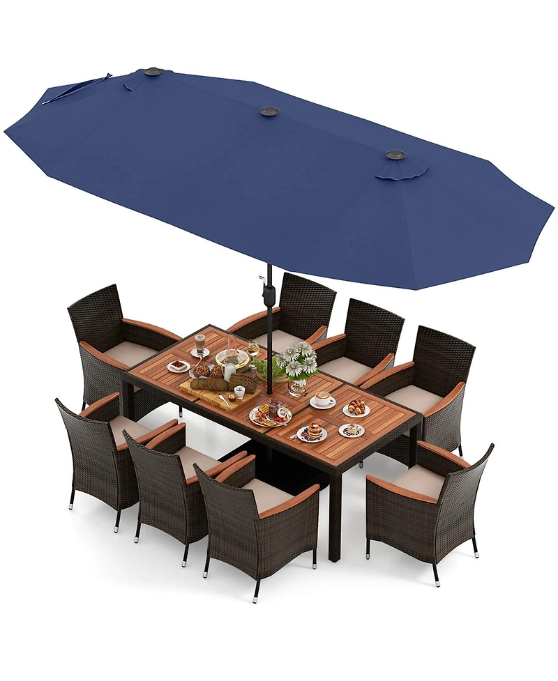 11 Pcs Patio Dining Set with 15ft Double-Sided Umbrella (Base Included)