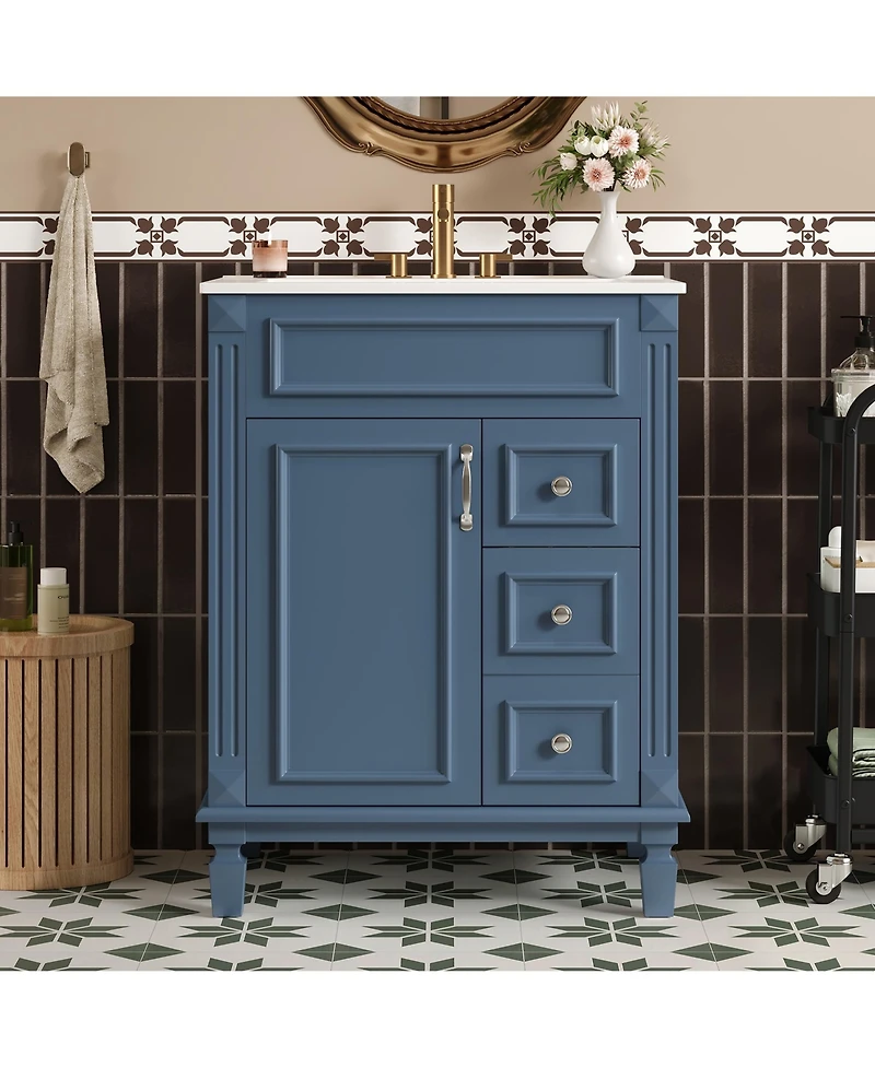 Busdays 24 Inch Bathroom Vanity with Ceramic Sink Small Cabinet Modern with 2 Drawers and Adjustable Shelf