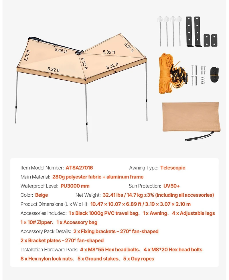 Cozito 270 Degree Vehicle Awning, 52 sq ft Driver Side Car Shelter with Carry Bag