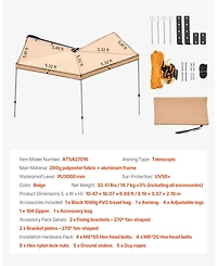 Cozito 270 Degree Vehicle Awning, 52 sq ft Driver Side Car Shelter with Carry Bag