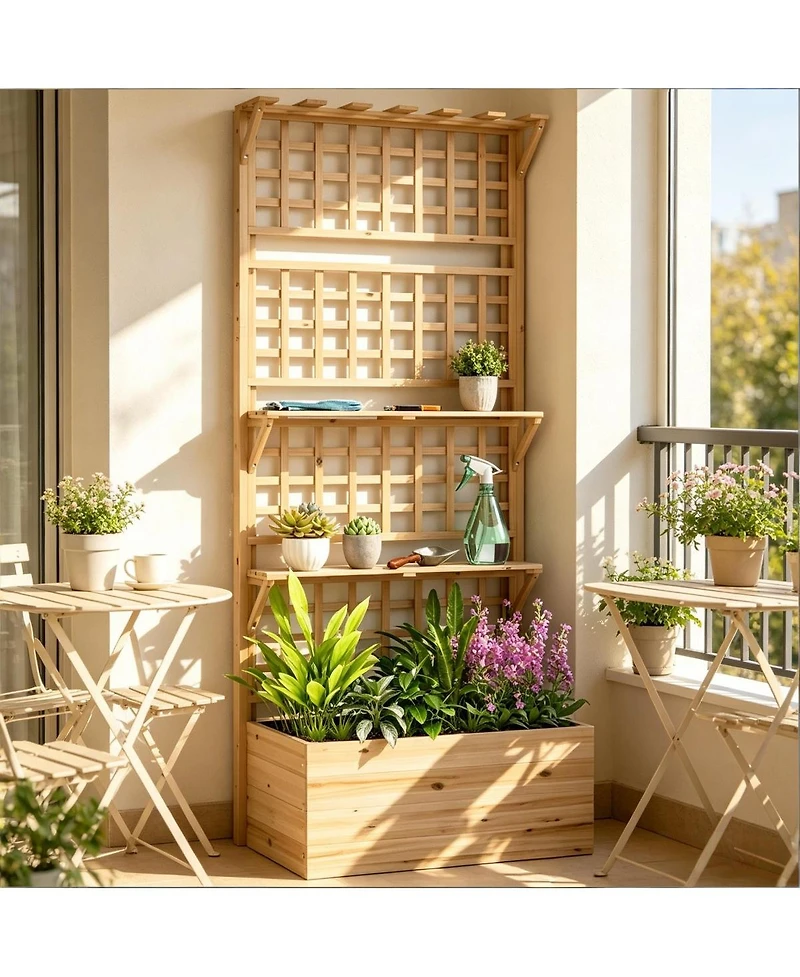 Asagikoiai Outdoor Wooden Planter Box with Trellis and Storage Shelves for Patio