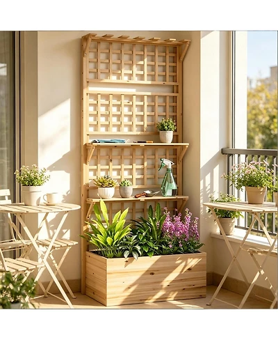 Asagikoiai Outdoor Wooden Planter Box with Trellis and Storage Shelves for Patio