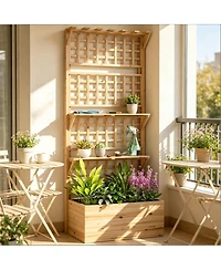 Asagikoiai Outdoor Wooden Planter Box with Trellis and Storage Shelves for Patio