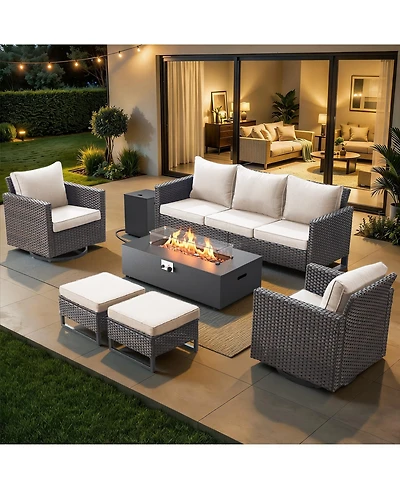 Pocassy 7 Pieces Patio Furniture Sets with Fire Pit Table Set, Wicker Rattan Outdoor Swivel Rocking Chairs Set 3-Seat Couch and Ottomans