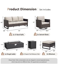 Pocassy 7 Pieces Patio Furniture Sets with Fire Pit Table Set, Wicker Rattan Outdoor Swivel Rocking Chairs Set 3-Seat Couch and Ottomans
