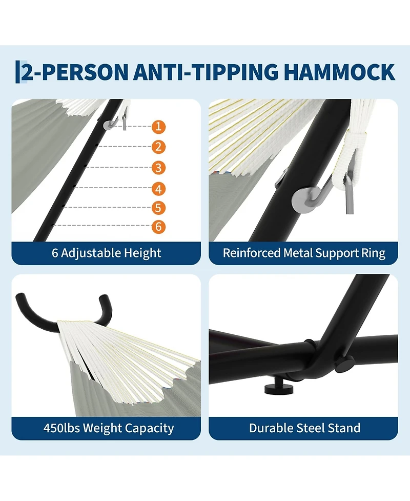 GarveeLife Heavy Duty Double Hammock with Steel Stand - 2 Person Outdoor Hammock, Portable, Space-Saving, 450 lbs Capacity, with Carry Bag
