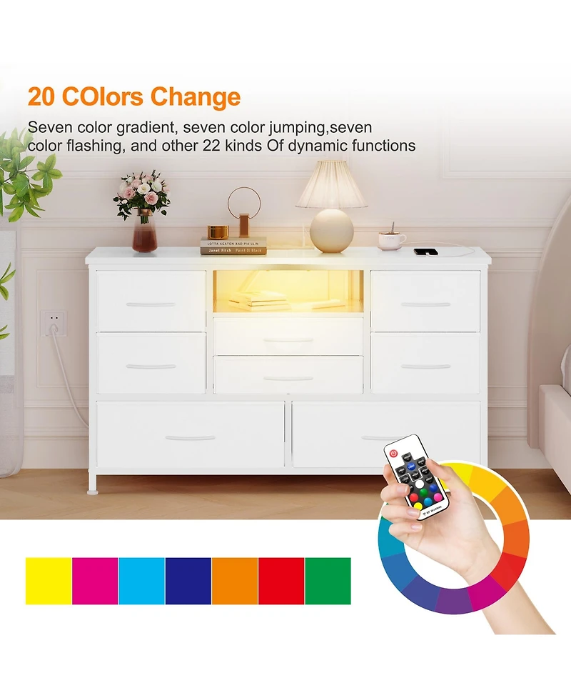 homfan Modern Tv Stand Dresser with Led Lighting and Built-in Charging Station - Durable Storage Chest with Deep Drawers for Bedroom and Living Room