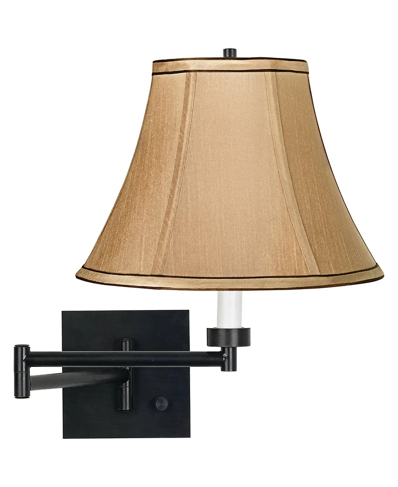 Franklin Iron Works Modern Swing Arm Wall Lamp Black Plug-In Light Fixture Tan Fabric Bell Shade for Bedroom Bedside Living Room