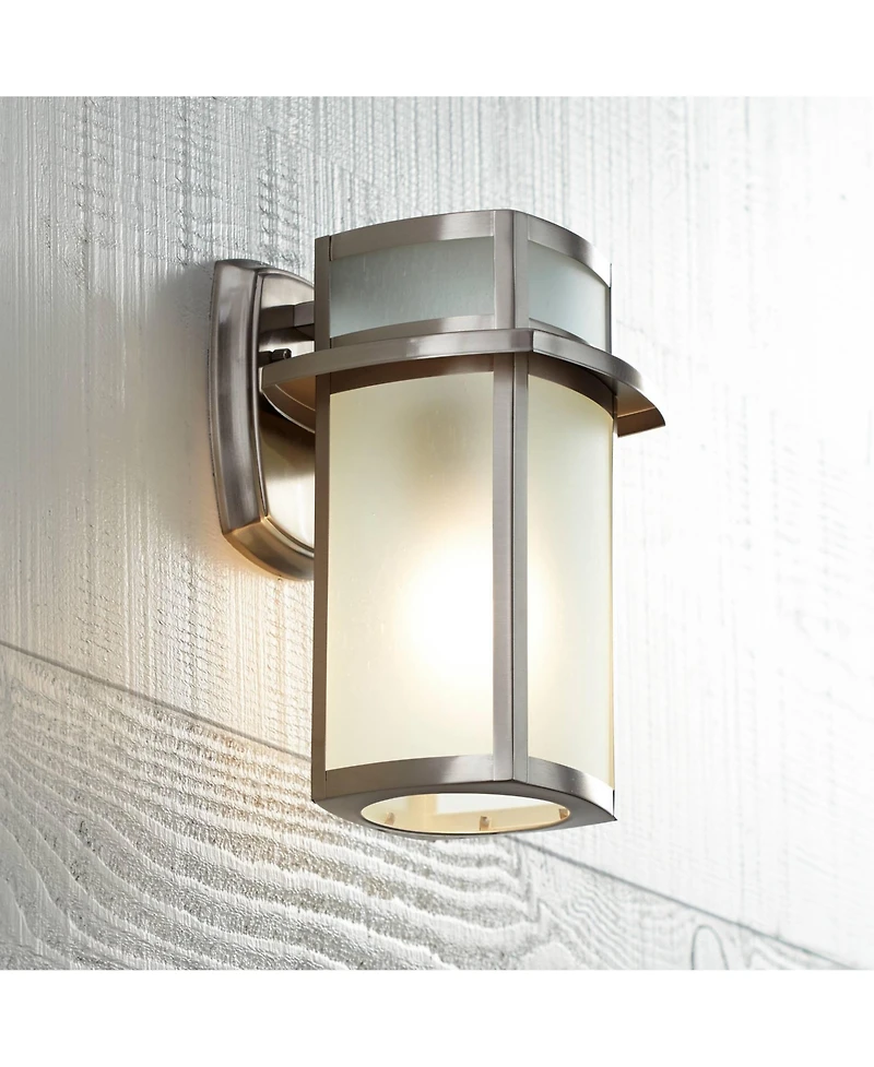 Possini Euro Design Delevan Modern Outdoor Wall Lights Fixture Set of 2 Brushed Nickel Frosted Seedy Glass for Post Exterior Barn Deck House