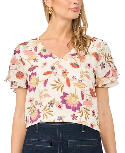 Vince Camuto Women's Printed V-Neck Ruffle Seam Top
