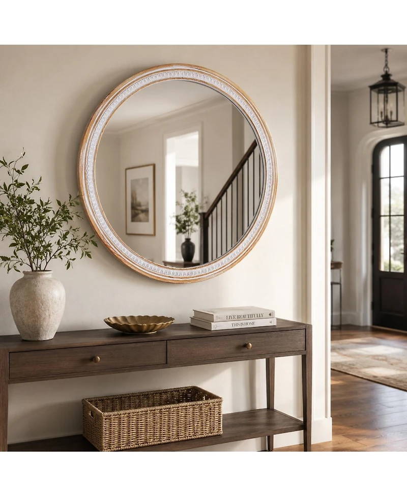 Phying 30 Inch Solid Wood Round Wall Mirror Farmhouse Boho Shabby Chic Decorative Vanity Mirror for Bathroom Living Room Entryway