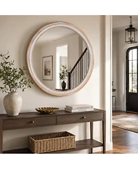 Phying 30 Inch Solid Wood Round Wall Mirror Farmhouse Boho Shabby Chic Decorative Vanity Mirror for Bathroom Living Room Entryway