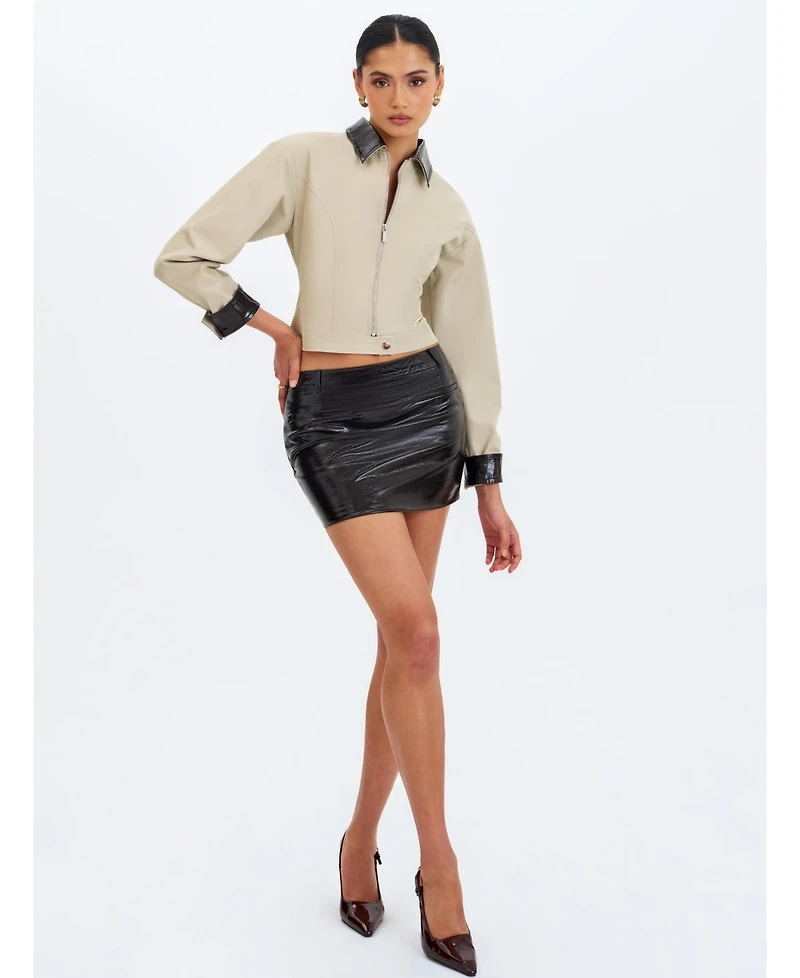 Miss Circle Women's Vivian Mocha Faux Leather Low-Rise Mini Skirt