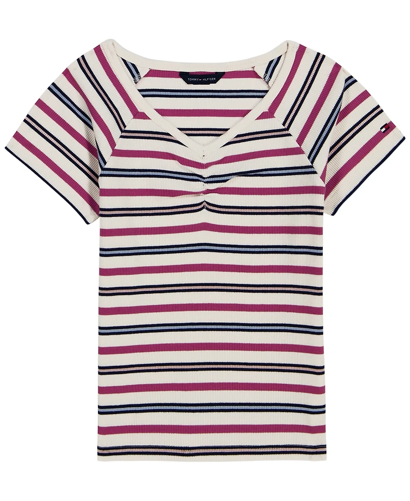 Tommy Hilfiger Girls' 7-16 Striped Ribbed V-Neck Short-Sleeve Top