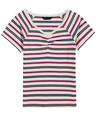 Tommy Hilfiger Girls' 7-16 Striped Ribbed V-Neck Short-Sleeve Top