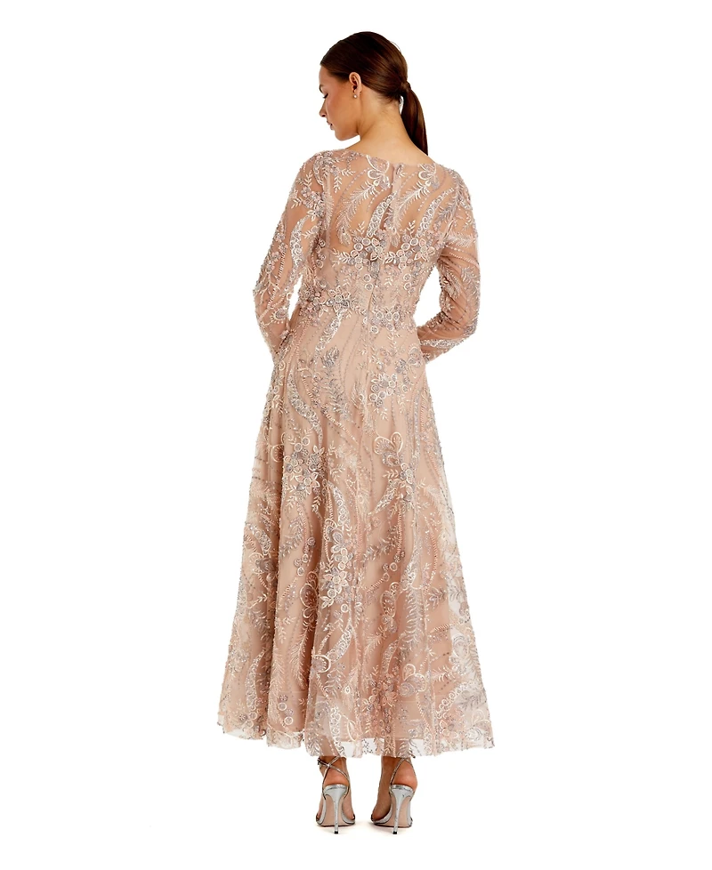 Mac Duggal Women's Floral Embroidered V-Neck Long Sleeve Midi Dress