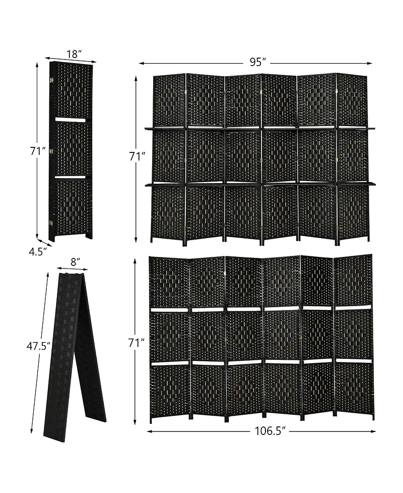 sumyeg 6-Panel Folding Fiber Room Divider with 2 Display Shelves for Indoor Use