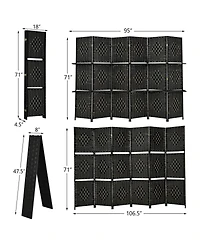 sumyeg 6-Panel Folding Fiber Room Divider with 2 Display Shelves for Indoor Use
