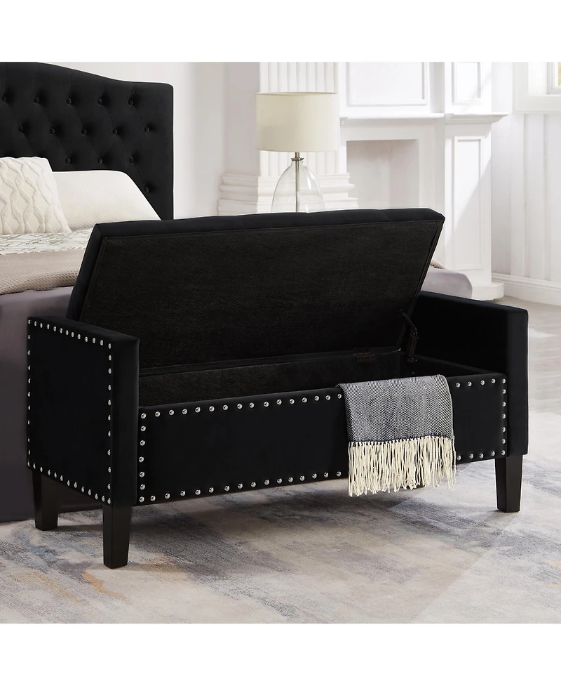 Flynama Velvet Tufted Nailhead Storage Bench with Armrests