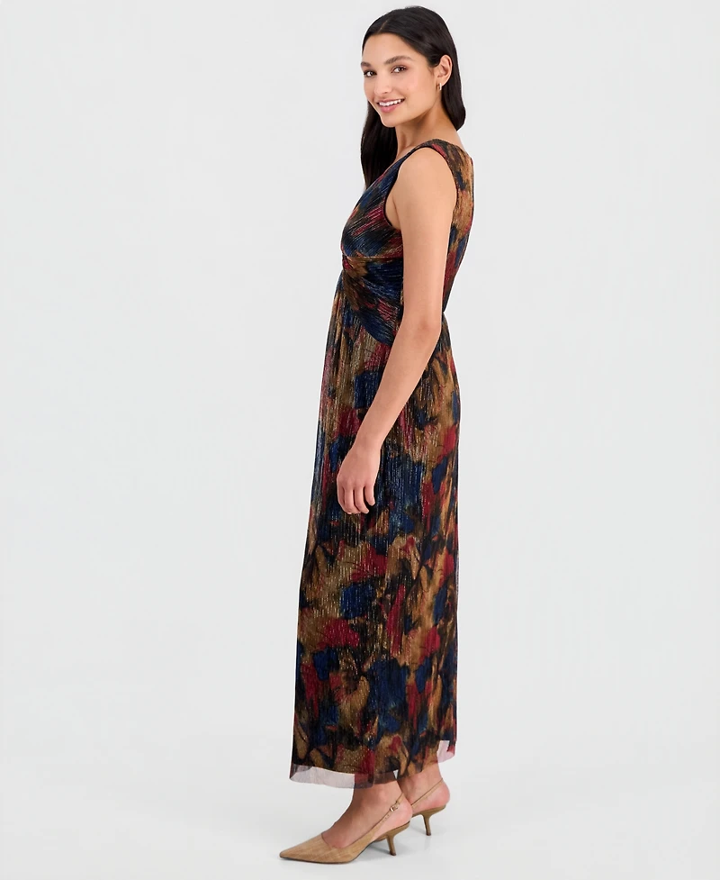 Connected Petite Metallic-Print Twist-Front Sleeveless Dress