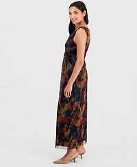 Connected Petite Metallic-Print Twist-Front Sleeveless Dress