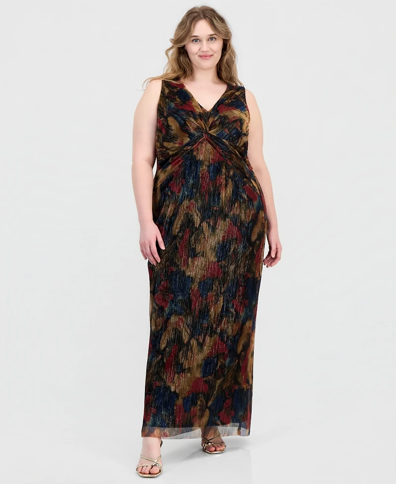 Connected Plus Metallic-Print Twist-Front Sleeveless Dress