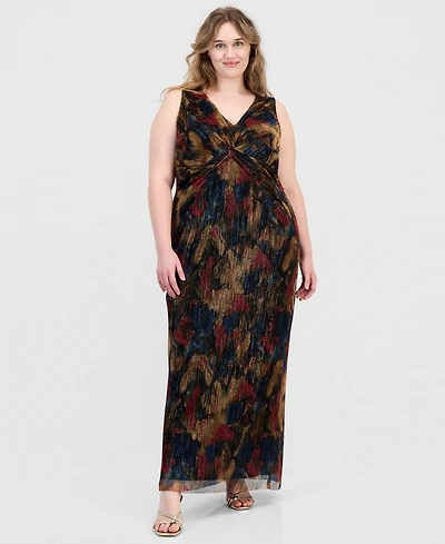 Connected Plus Metallic-Print Twist-Front Sleeveless Dress