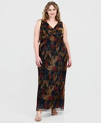 Connected Plus Metallic-Print Twist-Front Sleeveless Dress