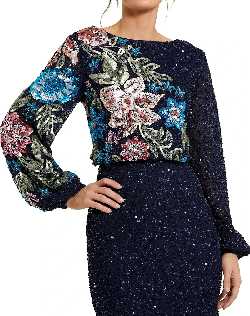 Mac Duggal Women's High Neck Blouson Sleeve Sequin Gown