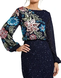 Mac Duggal Women's High Neck Blouson Sleeve Sequin Gown