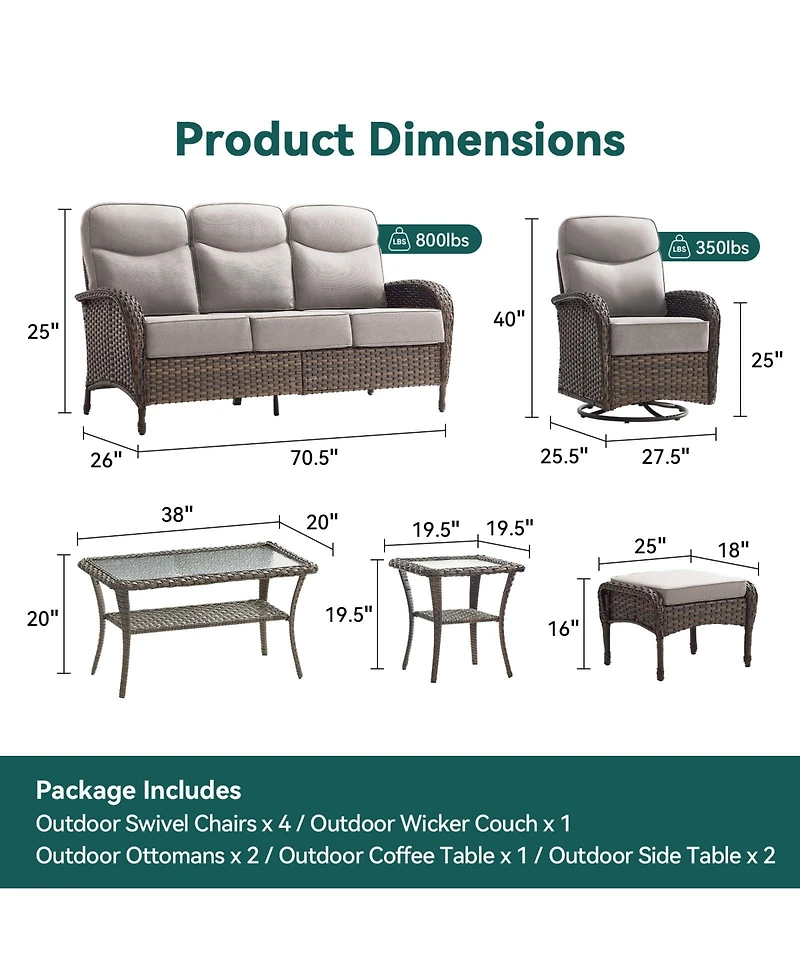 Pocassy Luxury Patio Furniture Set with Thick Cushion, Outdoor Couch and High Back Swivel Rocker Chairs, 10PCS Wicker Conversation