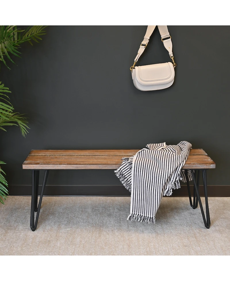 Flynama Aryven Industrial Dining Bench - Rustic Dark Pine Wood Top with Hairpin Metal Legs