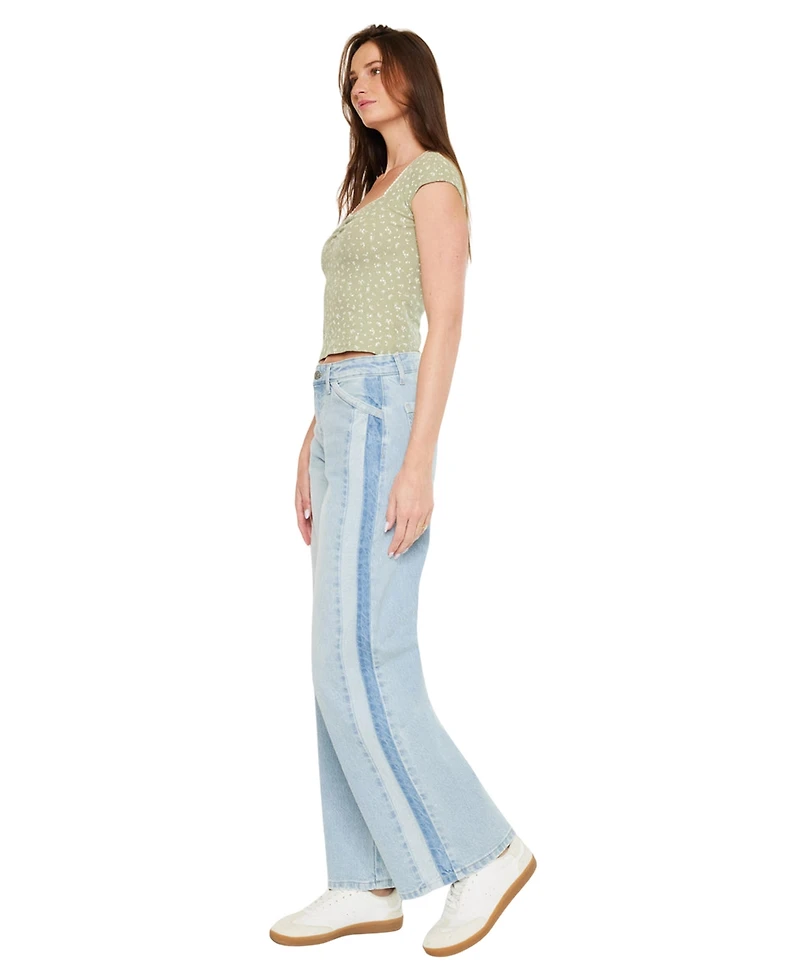 KanCan Women's High Rise Colorblock Wide Leg Jeans