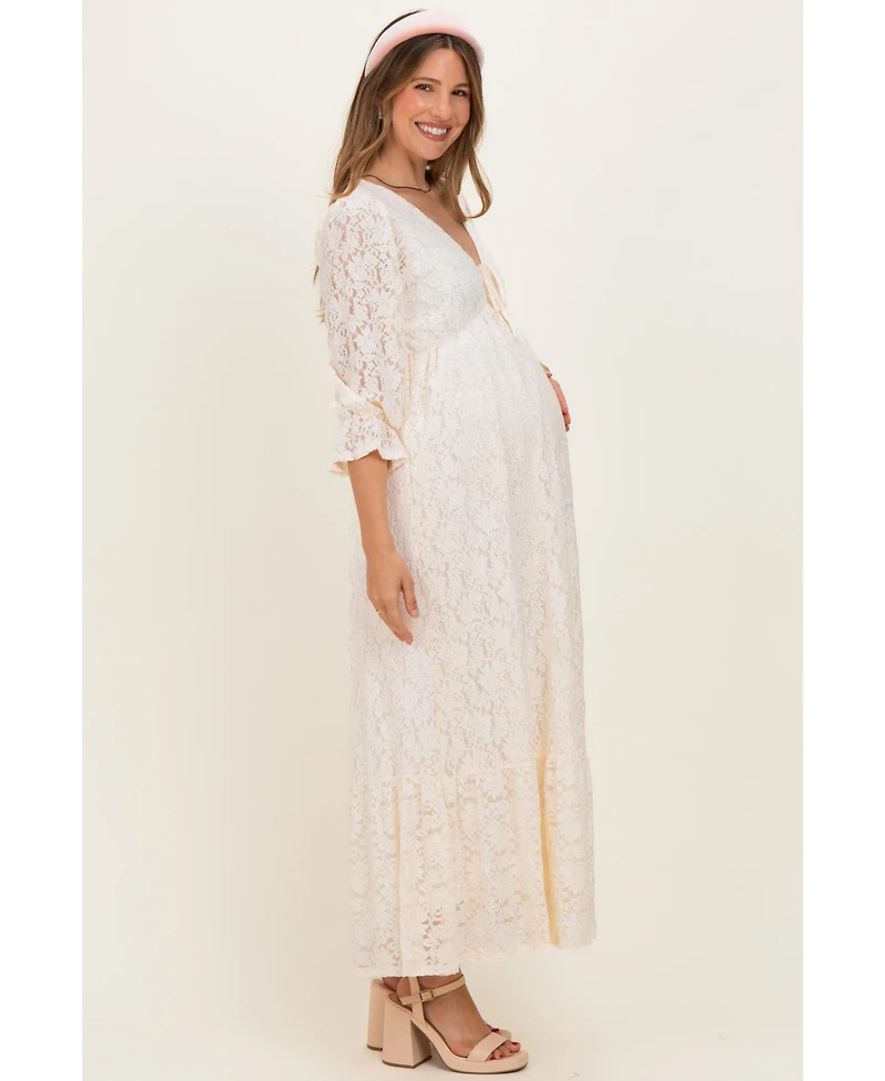 Pinkblush Maternity Ivory Floral Lace 3/4 Ruffle Sleeve V-Neck Maxi Dress