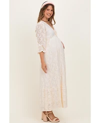 Pinkblush Maternity Ivory Floral Lace 3/4 Ruffle Sleeve V-Neck Maxi Dress