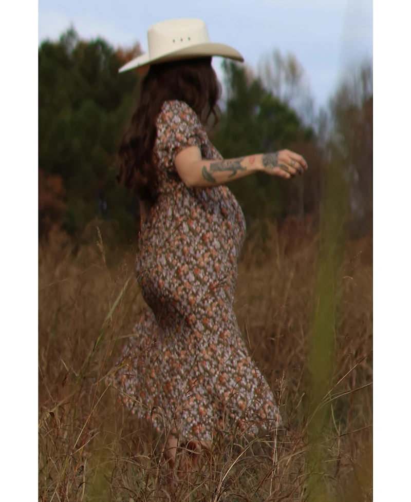 Pinkblush Maternity Taupe Floral Smocked Puff Sleeve Midi Dress