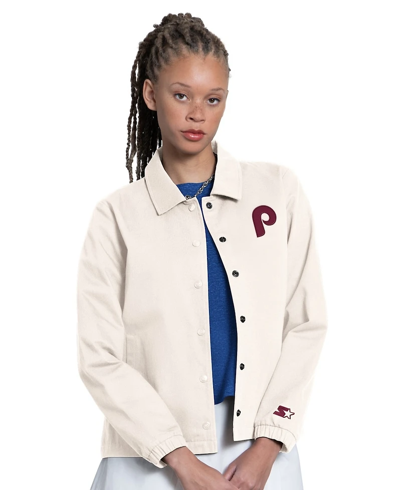 Starter Women's Cream Philadelphia Phillies Cooperstown First Down Full-Snap Coaches Jacket
