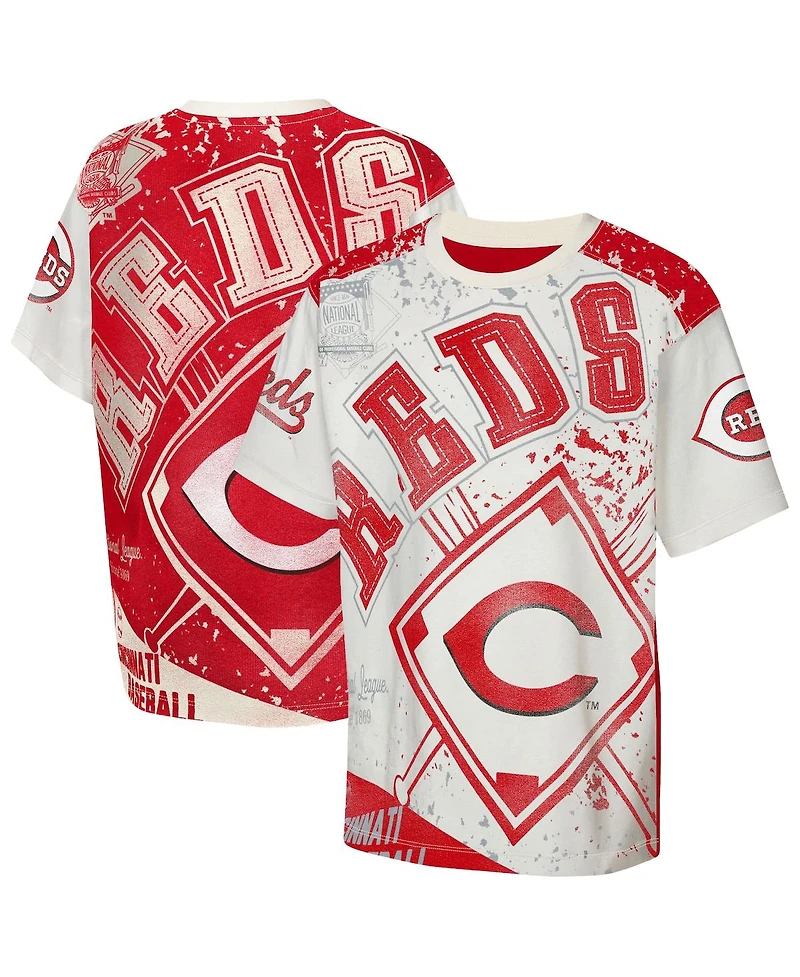 Outerstuff Big Boys and Girls Cream Cincinnati Reds League Top Player Bold All-Over-Print T-Shirt