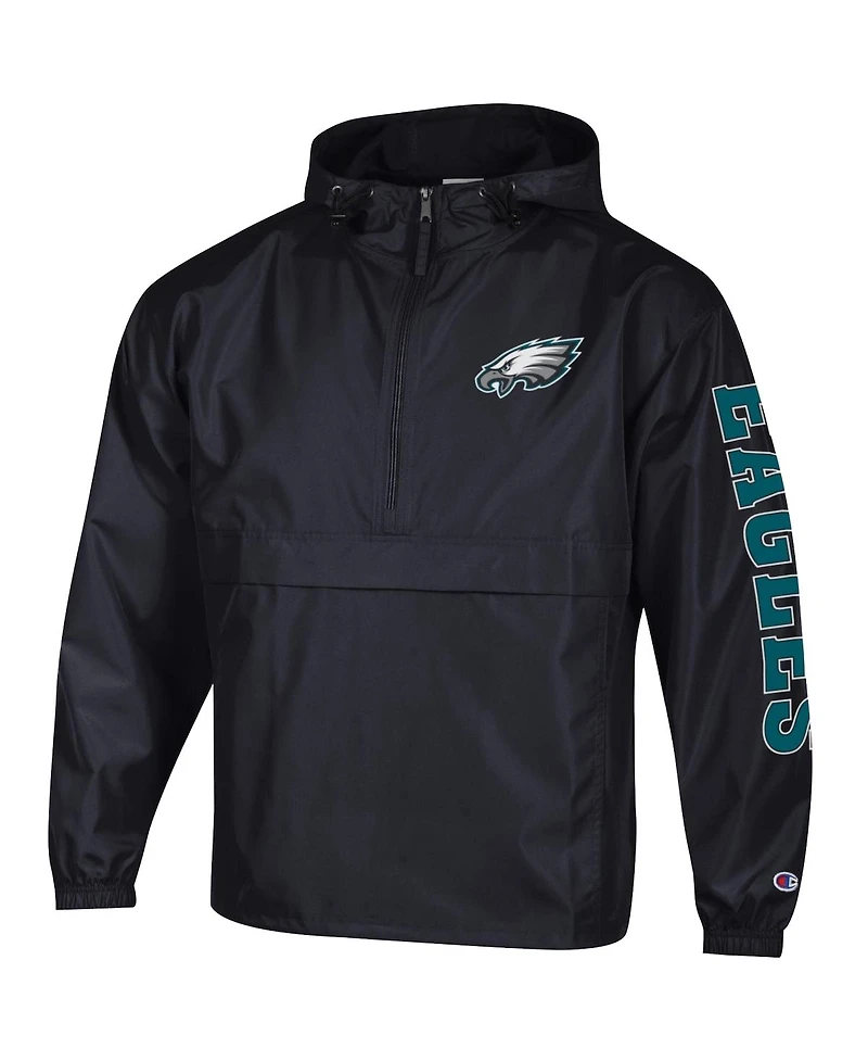 Champion Men's Black Philadelphia Eagles Packable Hooded Windbreaker Half-Zip Jacket