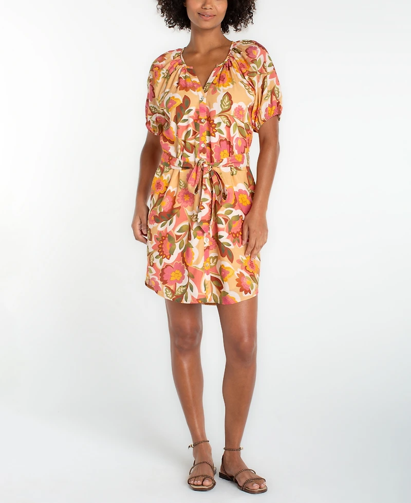 Liverpool Los Angeles Petite Shirred Floral Print Dress
