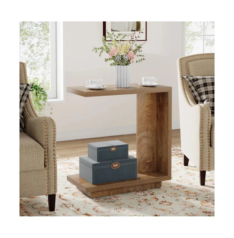 Slickblue Modern C Shaped End Table with Wooden Top for Sofa and Couch