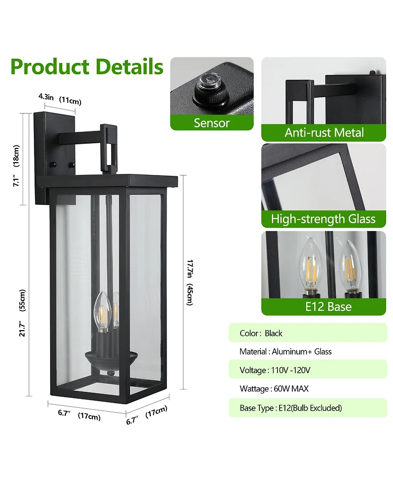 Busdays 22 Inch Outdoor Wall Lantern with Dusk to Dawn Sensor Clear Glass Panels Weatherproof Exterior 2 Light Design No Bulb