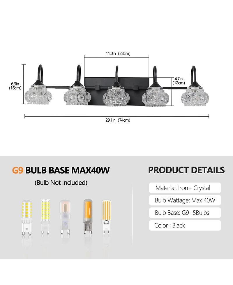 Busdays 29 Inch Retro 5 Light Bathroom Vanity Light Fixture with Crystal Glass Shades Wall Mounted for Bathroom Powder Room Vanity No Bulbs