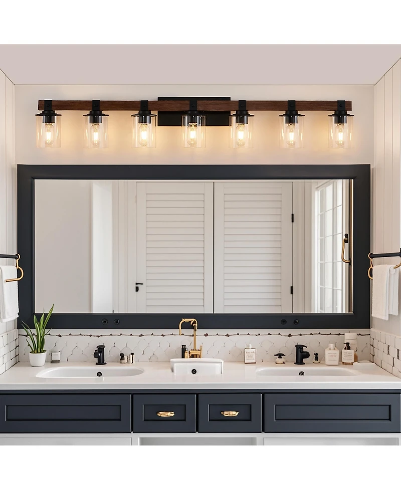 Busdays 50 Inch Rustic 7 Light Vanity Light Industrial Bathroom Wall Sconce with Glass Shades and Wood Accent Modern Farmhouse Lighting No Bulbs