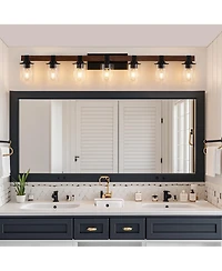 Busdays 50 Inch Rustic 7 Light Vanity Light Industrial Bathroom Wall Sconce with Glass Shades and Wood Accent Modern Farmhouse Lighting No Bulbs