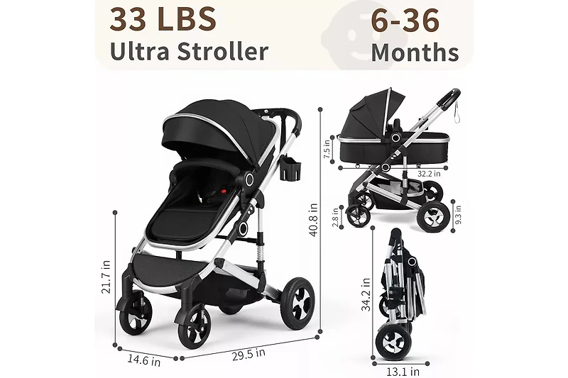 Kinder King Cozi 2 Convertible Baby Stroller, Folding High Landscape Design with Adjustable Canopy and Diaper Bag,